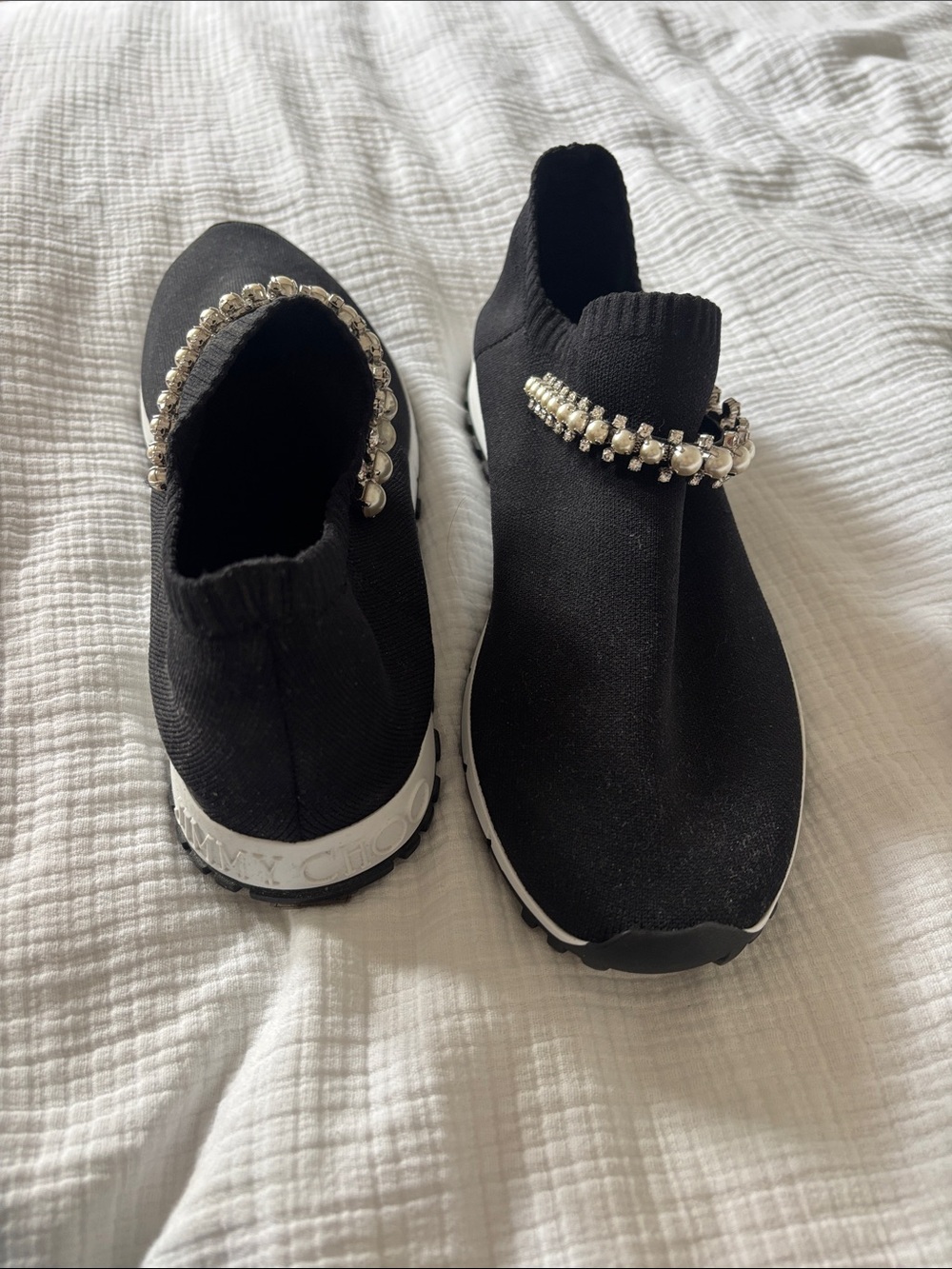 Jimmy Choo Black Knit Slip-On Sneakers with Silver Crystal Band